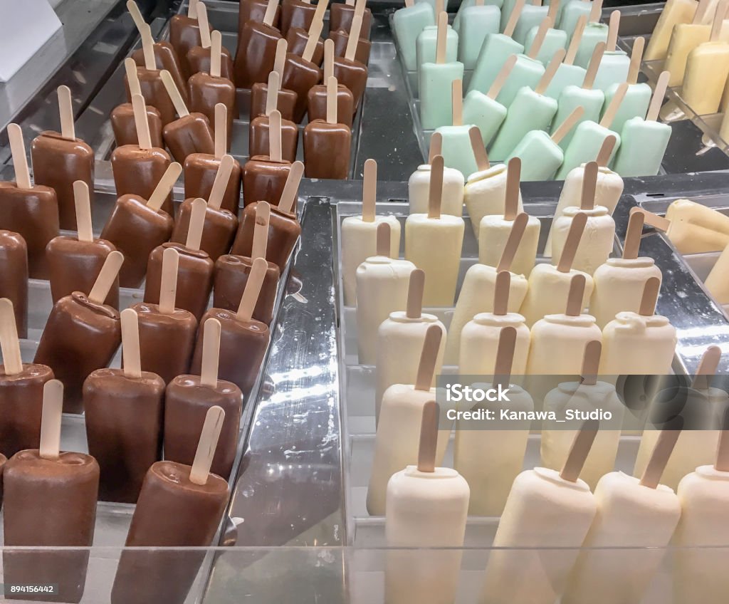 Variation popsicles in ice cream store Flavored Ice Stock Photo