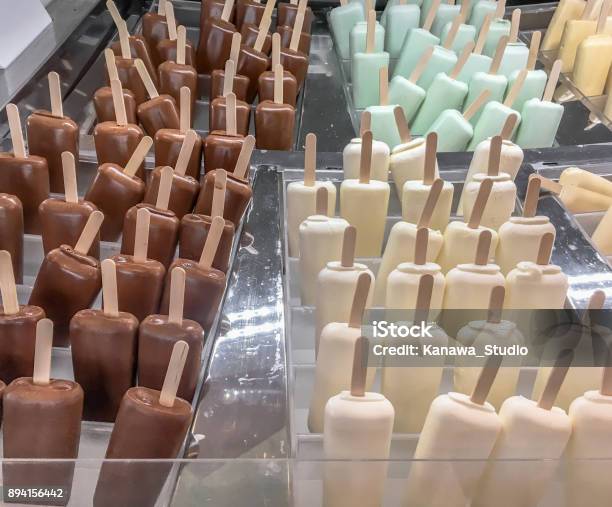 Variation Popsicles In Ice Cream Store Stock Photo - Download Image Now - Flavored Ice, Milk, Chocolate Ice Cream