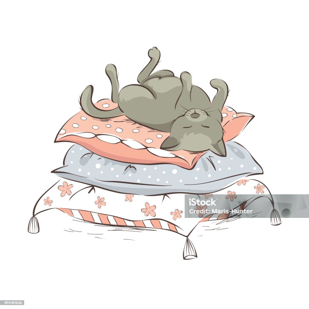 Sleeping cat Vector illustration, gray cat sleeping on a pile of pillows Domestic Cat stock vector