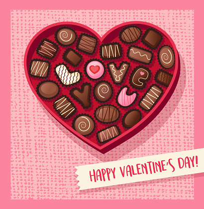 Heart shaped valentines day candy box with chocolate bonbons that spell Love You. Vector illustration.