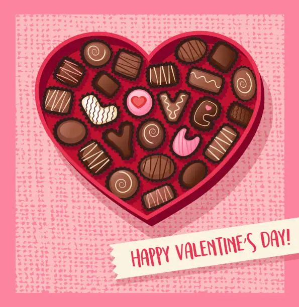 Vector illustration of Heart shaped valentines day candy box with chocolate bonbons that spell Love You. Vector illustration.