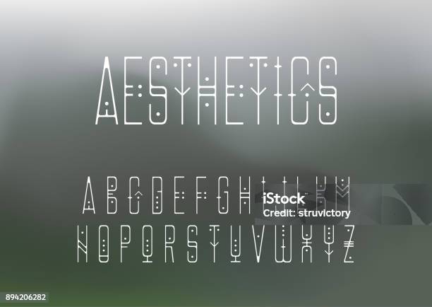 Vector Alphabet Set Capital Display Thin Line Font In Geometric Style With Points On A Blurry Background Stock Illustration - Download Image Now