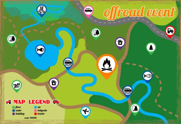 Vector illustration of Offroad event and camping map icons set. Vector illustration.