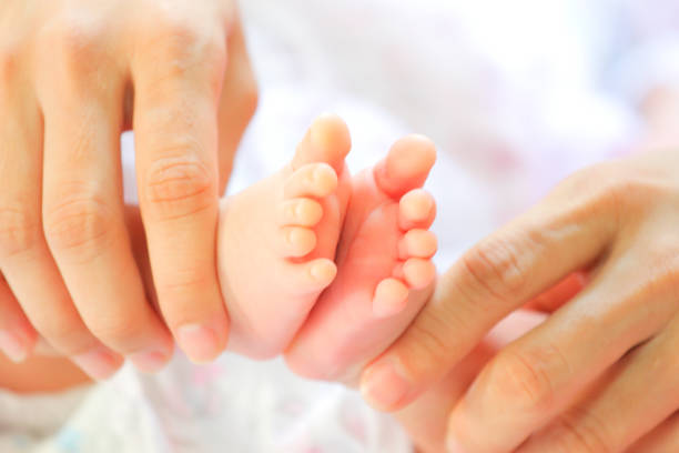 istock newborn Baby's feet on female hands . 894292900