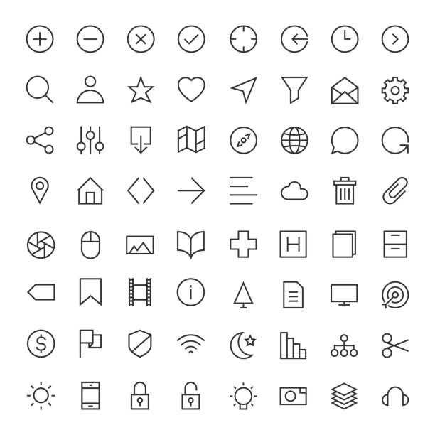 базовая иконка 64 иконы набор 1 - серия линий - square shape plus sign mathematical symbol social networking stock illustrations