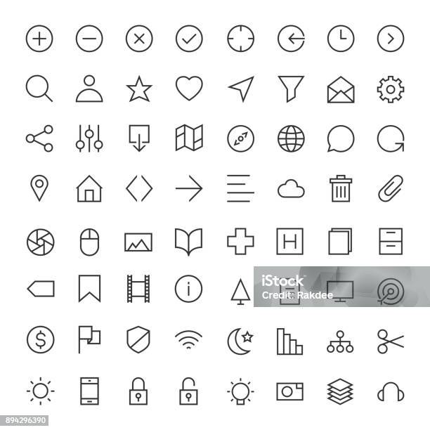 Basic Icon 64 Icons Set 1 Line Series Stock Illustration - Download Image Now - Icon Symbol, Heart Shape, Clock