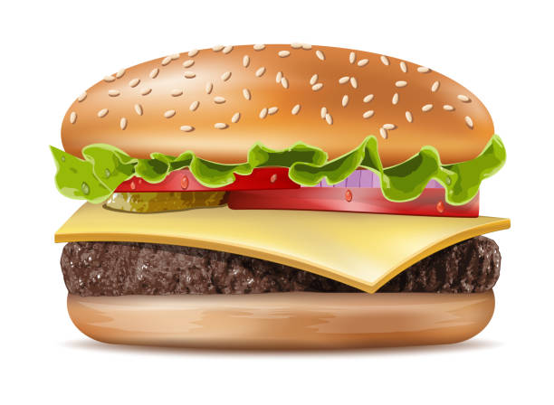illustrazioni stock, clip art, cartoni animati e icone di tendenza di vector realistic hamburger classic burger american cheeseburger con manzo alla cipolla di pomodoro alla lattuga e salsa da vicino isolato su sfondo bianco. fast food - white background healthy eating meal salad