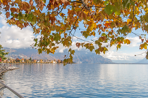Vevey , Switzerland - October 29, 2015: Panoramic view of Vevey and Lake Geneva, Switzerland
