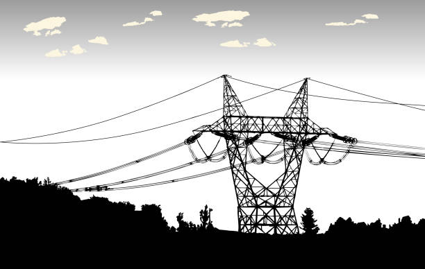Electric Pylons Electric pylon silhouette illustration electricity silhouettes stock illustrations
