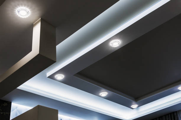 suspended ceiling and drywall construction in the decoration of stock photo