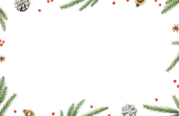 istock Christmas composition with christmas tree branches, decorations, red berries and pine cone framed white background, top view 894349072