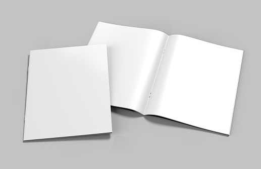 Blanco en blanco engrapadas catálogo, revistas, folleto imitan para arriba sobre fondo gris. Ilustración de render 3D. photo