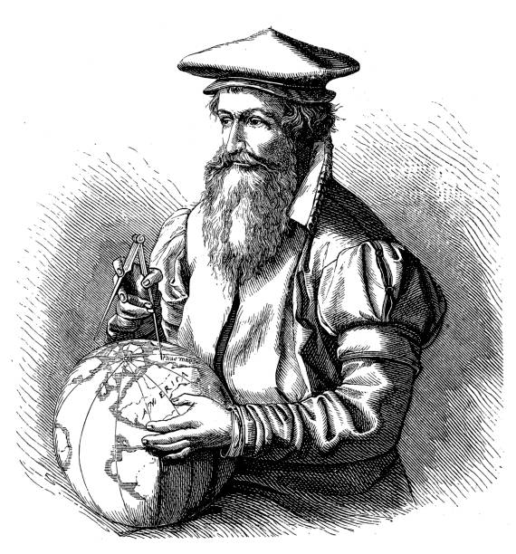 Cartographer Gerardus Mercator with globe 1874 illustration of a Cartographer Gerardus Mercator with globe 1874 cartographer stock illustrations