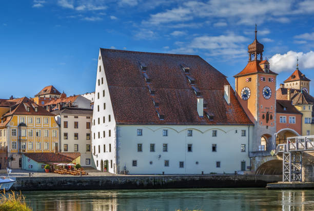 View of old bridge tower and Salt Warehouse from Danube river in Regensburg, Germany