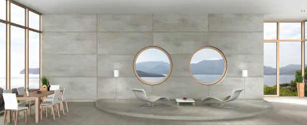 3D rendering of avant-garde architecture living room with view to the sea