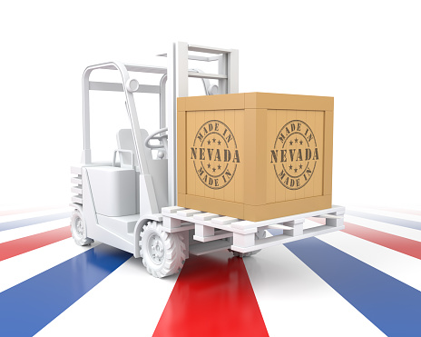 Forklift Truck with Export Wooden Crate. Made in Nevada. 3d Rendering