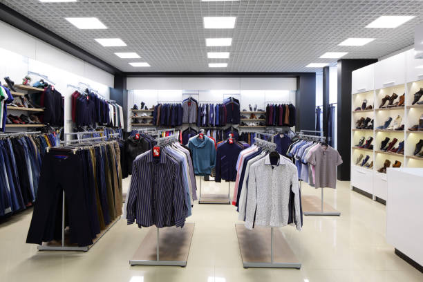 brand new interior of cloth store - light shop imagens e fotografias de stock