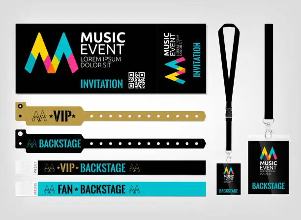 Vector illustration of Template of different access control designs. Suitable for events, concerts, parties, festivals and private areas. Bracelets, ticket and lanyards.