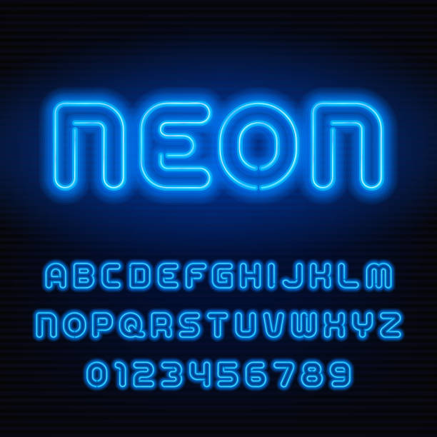 istock Neon tube alphabet font. Blue color letters and numbers 894408324