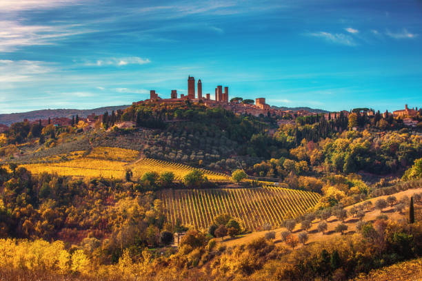 hermosa vista de la ciudad medieval de san gimignano, toscana, italia - san gimignano fotografías e imágenes de stock