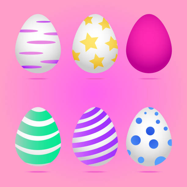 istock A set of six realistic white chicken eggs painted with stripes, stars, circles. Vector: isolated on a pink background. 894419952