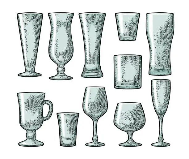 Vector illustration of Set empty glass beer, whiskey, wine, gin, rum, tequila, champagne, cocktail