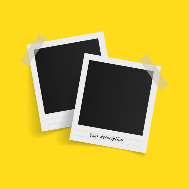 istock Polaroid photo frames on sticky tape on yellow background. Vector illustration. 894429736