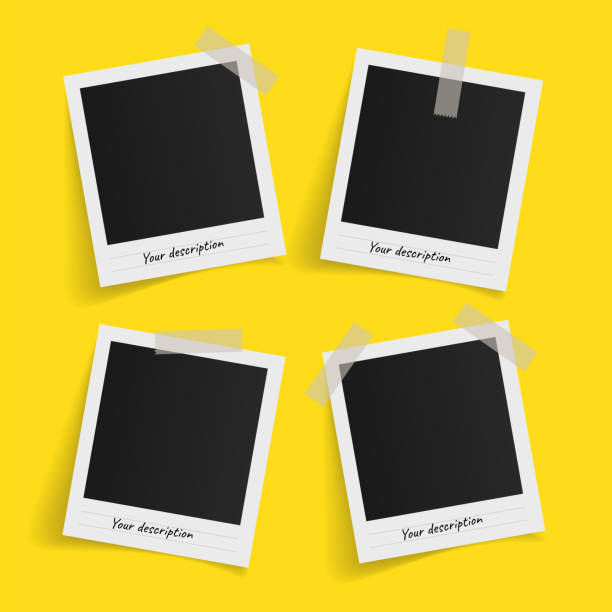 istock Set of polaroid vector photo frames on sticky tape on yellow background. Template photo design. Vector illustration 894429772