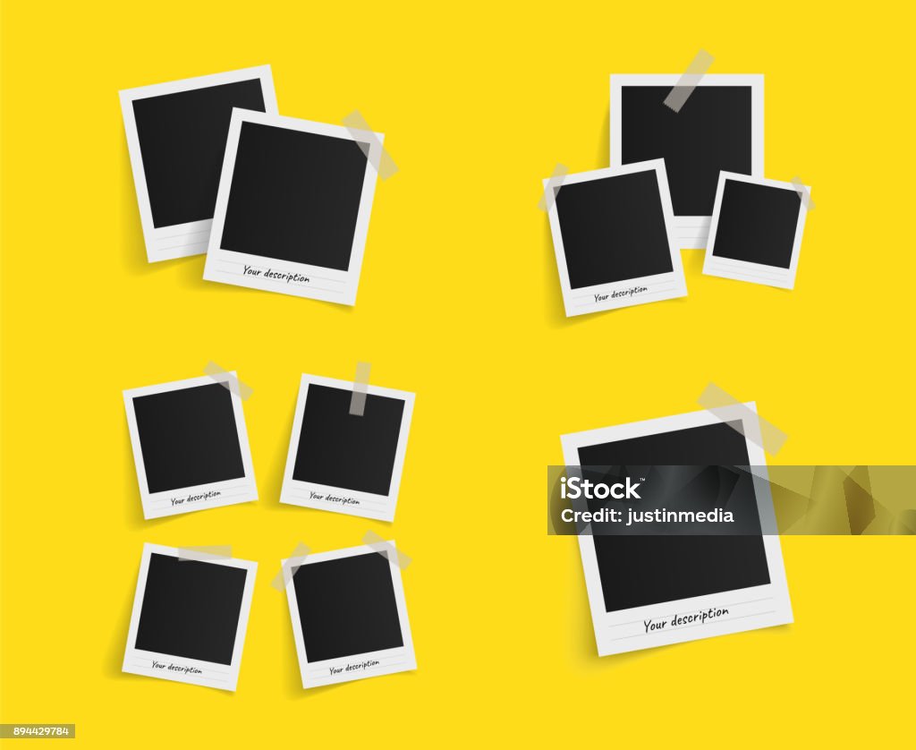 Set di cornici di foto vettoriali polaroid su nastro adesivo su sfondo giallo. Design della foto modello. Illustrazione vettoriale - arte vettoriale royalty-free di Transfer di foto istantanea