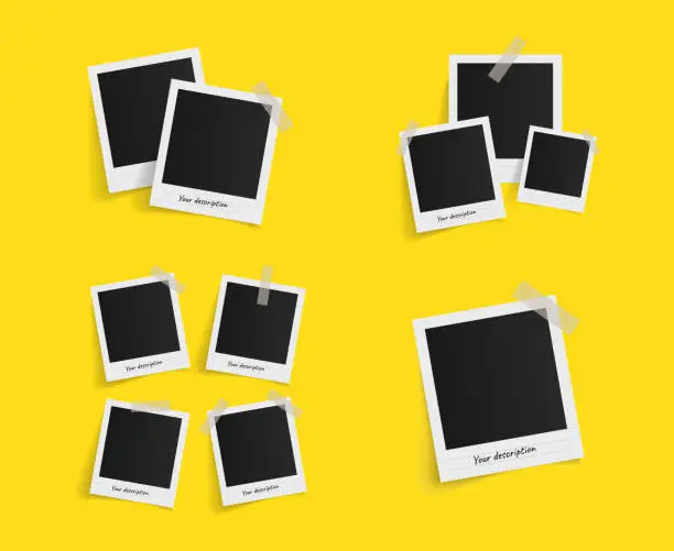 Vector illustration of Set of polaroid vector photo frames on sticky tape on yellow background. Template photo design. Vector illustration