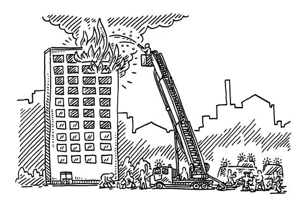 Vector illustration of High-Rise Building Fire Emergency Drawing