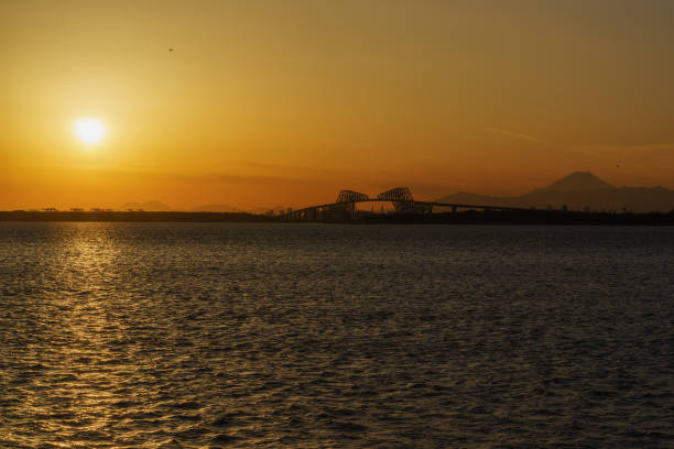 Sunset View from Maihama, Chiba Sunset View ( Tokyo-Gate Bridge, Mt. Fuji, etc..) from Maihama, Chiba tanzawa mountains stock pictures, royalty-free photos & images