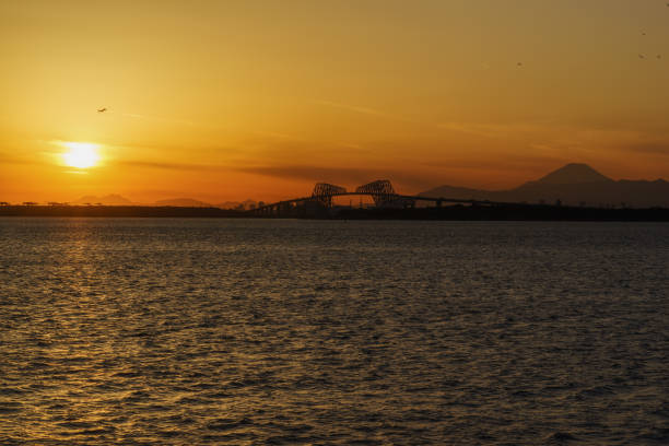 Sunset View from Maihama, Chiba Sunset View ( Tokyo-Gate Bridge, Mt. Fuji, etc..) from Maihama, Chiba tanzawa mountains stock pictures, royalty-free photos & images