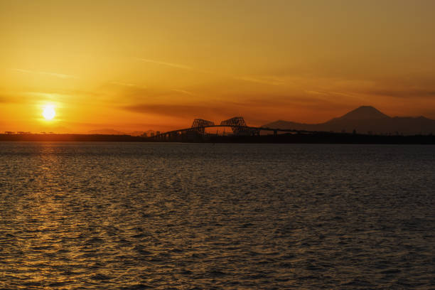 Sunset View from Maihama, Chiba Sunset View ( Tokyo-Gate Bridge, Mt. Fuji, etc..) from Maihama, Chiba tanzawa mountains stock pictures, royalty-free photos & images