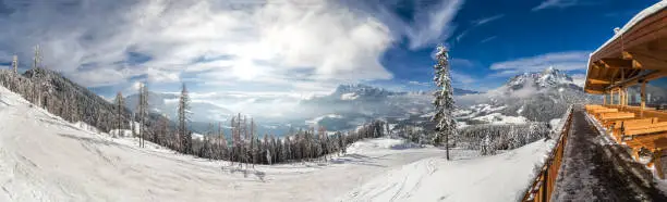 View from hut on mountain in skiresort Werfenweng to winter wonderland and Tennen mountains in Salzburg, Austria