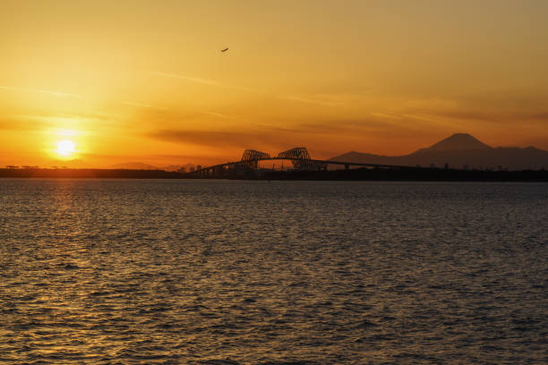 Sunset View from Maihama, Chiba Sunset View ( Tokyo-Gate Bridge, Mt. Fuji, etc..) from Maihama, Chiba tanzawa mountains stock pictures, royalty-free photos & images