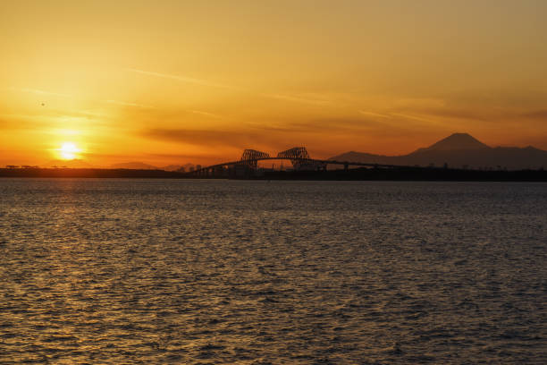 Sunset View from Maihama, Chiba Sunset View ( Tokyo-Gate Bridge, Mt. Fuji, etc..) from Maihama, Chiba tanzawa mountains stock pictures, royalty-free photos & images