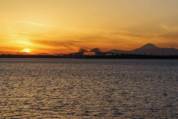 Sunset View from Maihama, Chiba Sunset View ( Tokyo-Gate Bridge, Mt. Fuji, etc..) from Maihama, Chiba tanzawa mountains stock pictures, royalty-free photos & images