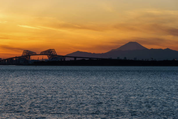 Sunset View from Maihama, Chiba Sunset View ( Tokyo-Gate Bridge, Mt. Fuji, etc..) from Maihama, Chiba tanzawa mountains stock pictures, royalty-free photos & images
