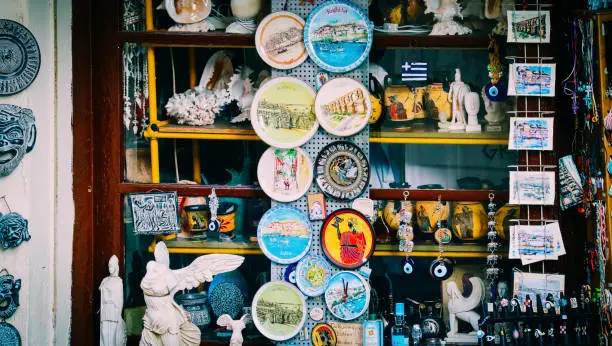 Greece, Kavala - October 20, 2017: Souvenir shop showcase on the city street.