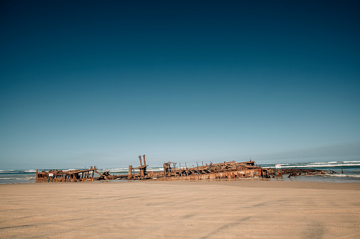 The Maheno shipwreck on the 75 Mile Beach on Fraser Island, Australia.