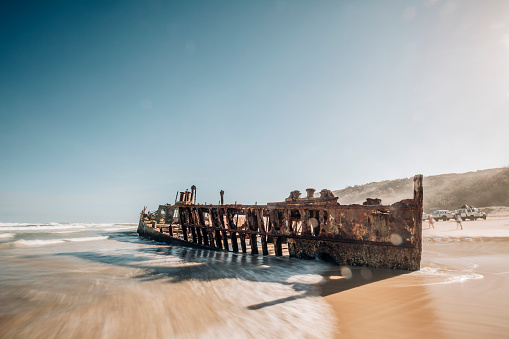 The Maheno shipwreck on the 75 Mile Beach on Fraser Island, Australia.