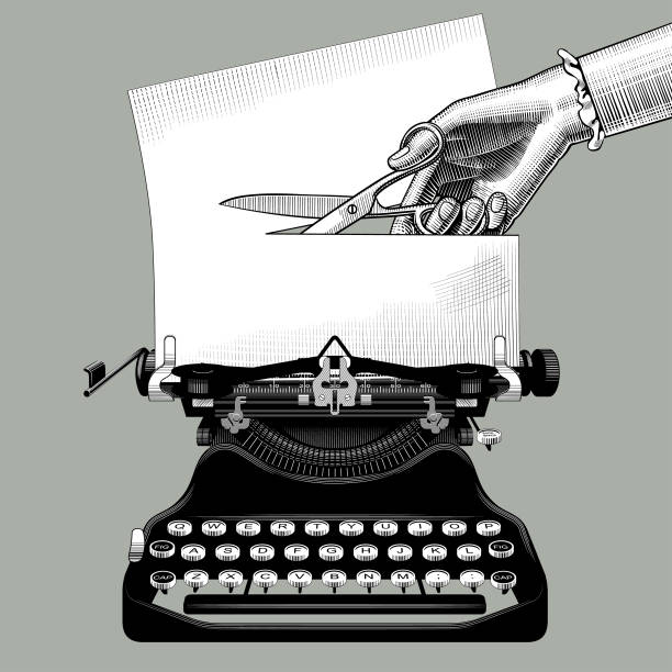 Woman's hand cutting a paper with scissors inserted into an old typewriter Woman's hand cutting a paper with scissors inserted into an old typewriter. Censorship concept and metaphor in retro style. Vintage engraving stylized  typewriter writing retro revival work tool stock illustrations