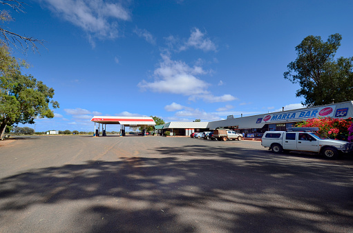 Marla, South Australia - November 15, 2017: Petrol station and Marla roadhouse on Stuart highway