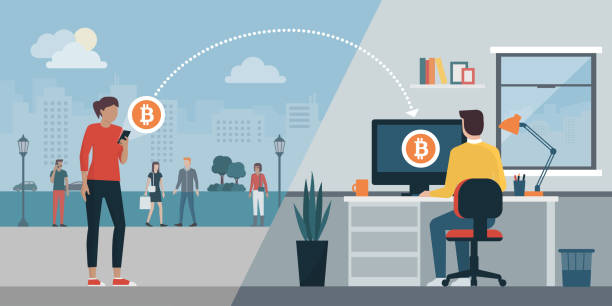 Cryptocurrency virtual transaction Woman sending bitcoins to another user's computer using a mobile app: cryptocurrency and money transfer concept peer to peer stock illustrations