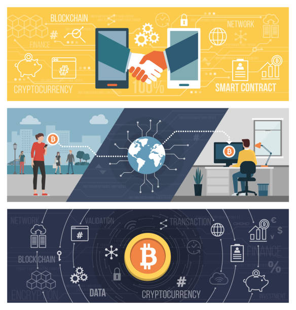 Smart contracts, bitcoin transfer and cryptocurrency Cryptocurrency, bitcoin, smart contracts and money transfer concepts, banner set peer to peer stock illustrations