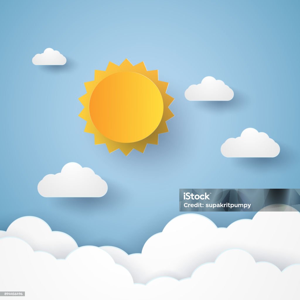 Cloudscape , blue sky with clouds and sun , paper art style Sunlight stock vector