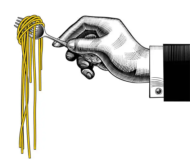 Vector illustration of Hand holding a fork with spaghetti