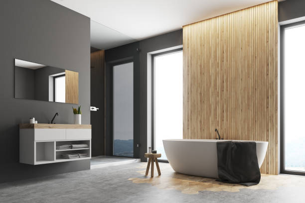 istock Gray and wooden bathroom corner 894460846