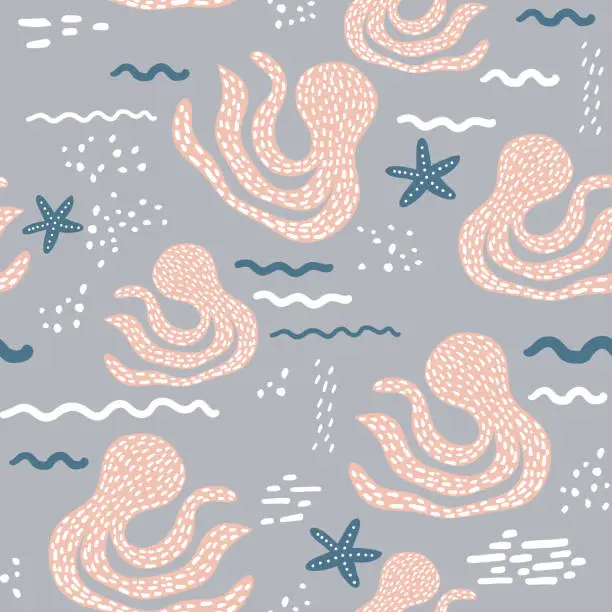 Vector illustration of Seamless pattern with abstract octopus and starfish. Scandinavian Childish texture for fabric, textile. Vector background